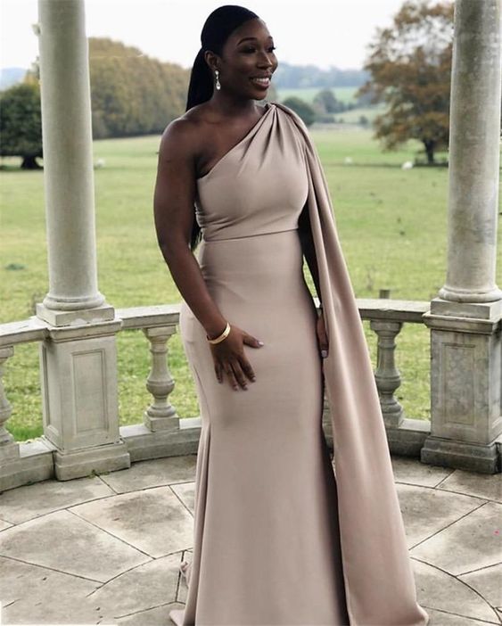 Simple Mermaid Evening Dresses With Cape African One-Shoulder Floor-Length Prom Dress Party Gown - FashionDia