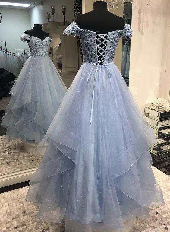 Blue tulle lace long prom dress, evening dress - FashionDia