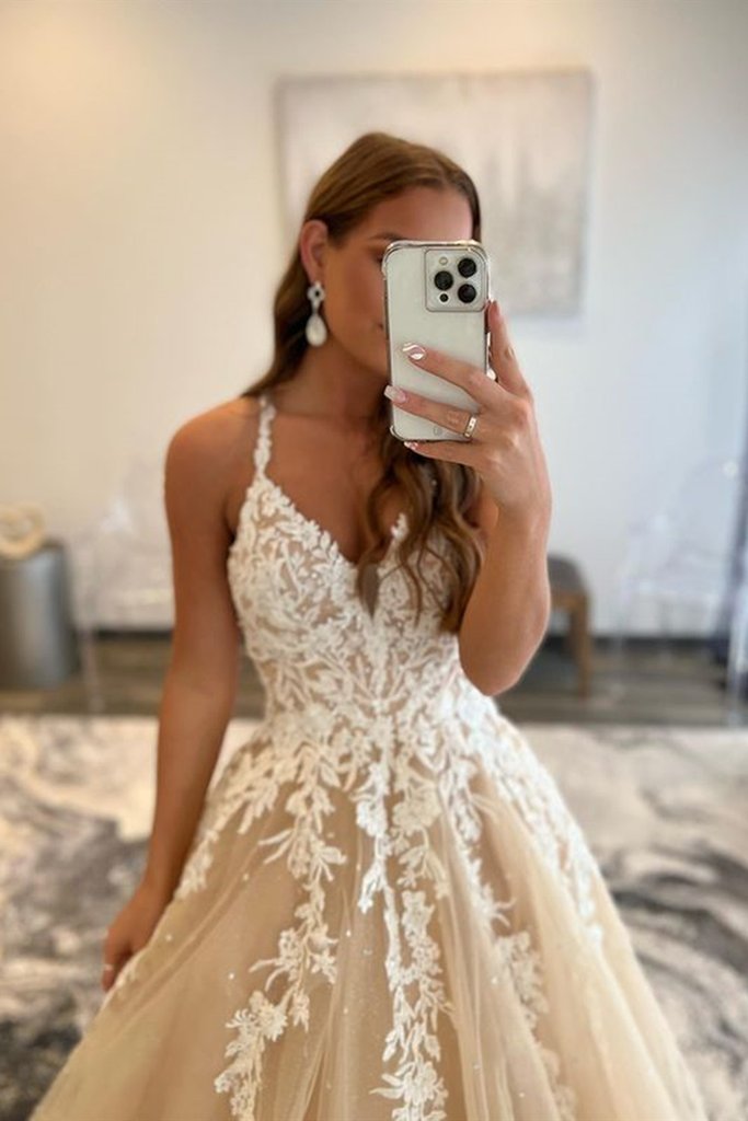 V-Neck Champagne Lace Prom Dresses, Long Champagne Lace Formal Evening Dresses - FashionDia