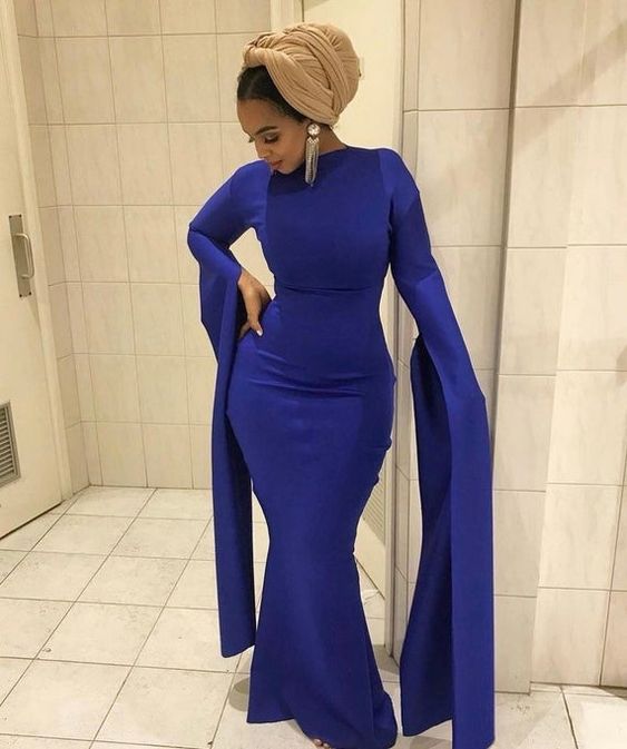 Modest Sexy Dress, Blue A-Line Dress, Elegant Blue Dress, Royal Blue Fitted Straight Dress with Exxaggerated Sleeves - FashionDia
