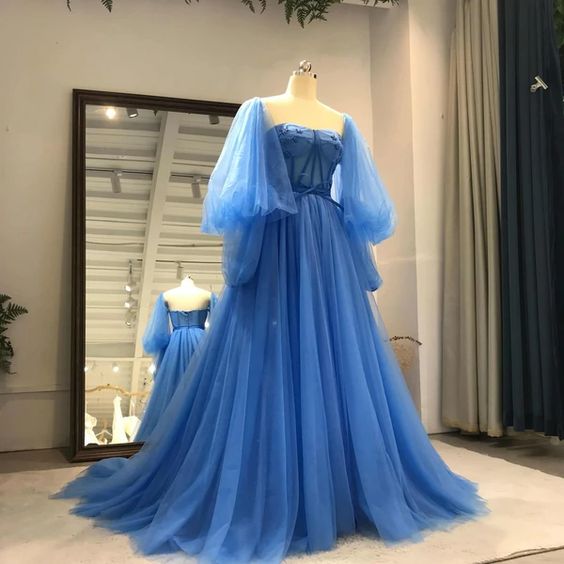 Blue Tulle Fashionable Sweetheart Long Party prom Dress - FashionDia
