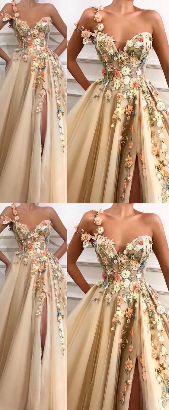 Champagne sweetheart tulle lace long prom dress, tulle evening dress - FashionDia