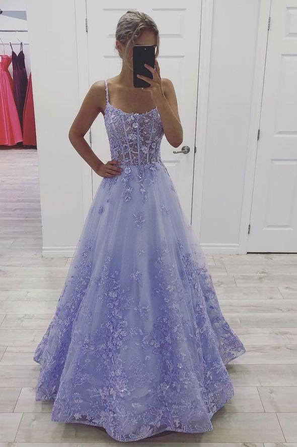 Purple tulle lace long prom dress A line evening dress - VelvetHem