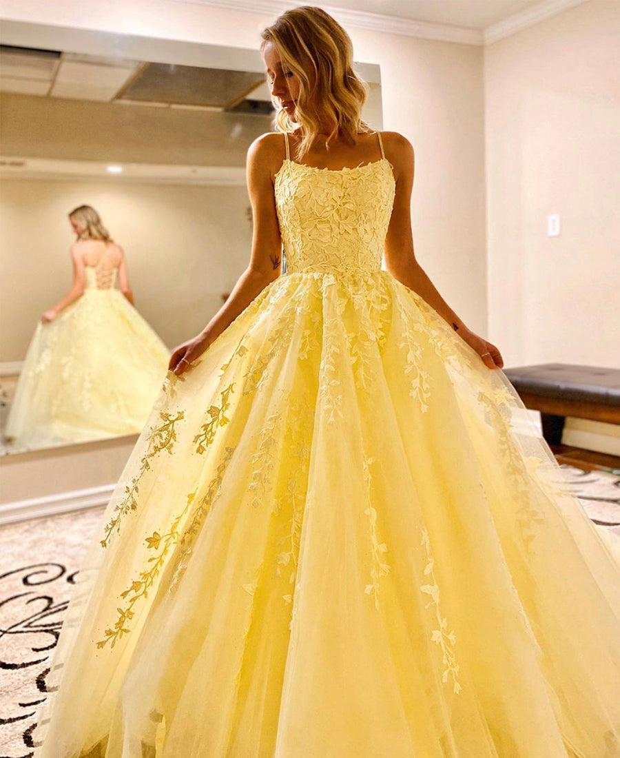 A-Line Floor-Length Lace Yellow Tulle Long Prom Dress, Yellow Lace Formal Dress, Yellow Evening Dress - View 2 | FashionDia