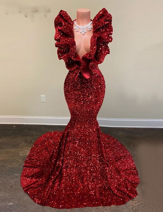 red prom dresses, deep V-Neck prom dresses, mermaid evening dresses, cheap evening dress, red prom dresses, sparkly evening dress,new arrival evening - FashionDia