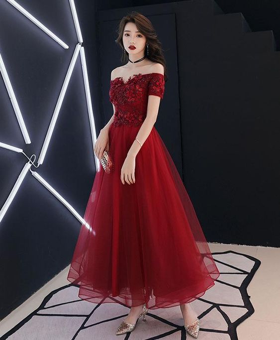 Burgundy tulle lace prom dress, burgundy tulle evening dress - FashionDia