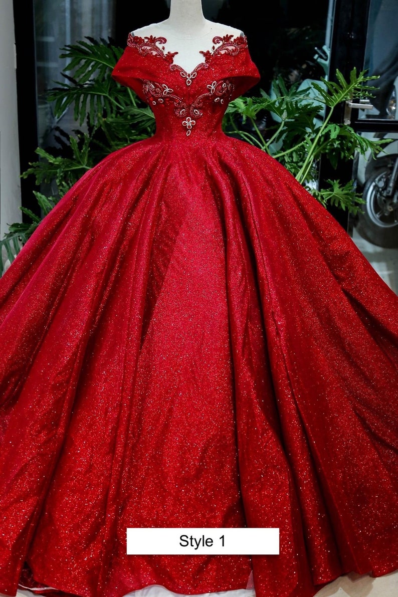 Red Queen style Red Sparkle Ball Gown Wedding Dress With Beadings & Glitter Tulle