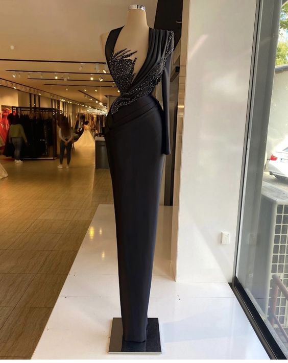 Black Sheath Beading Evening Dresses One-Shoulder Long Sleeve Crystal Pleats Prom Dress Formal Party Gowns Custom Made - FashionDia