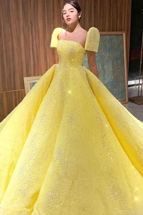 Ball Gown Sparkly Yellow Short Sleeves Prom & Evening Dress - FashionDia