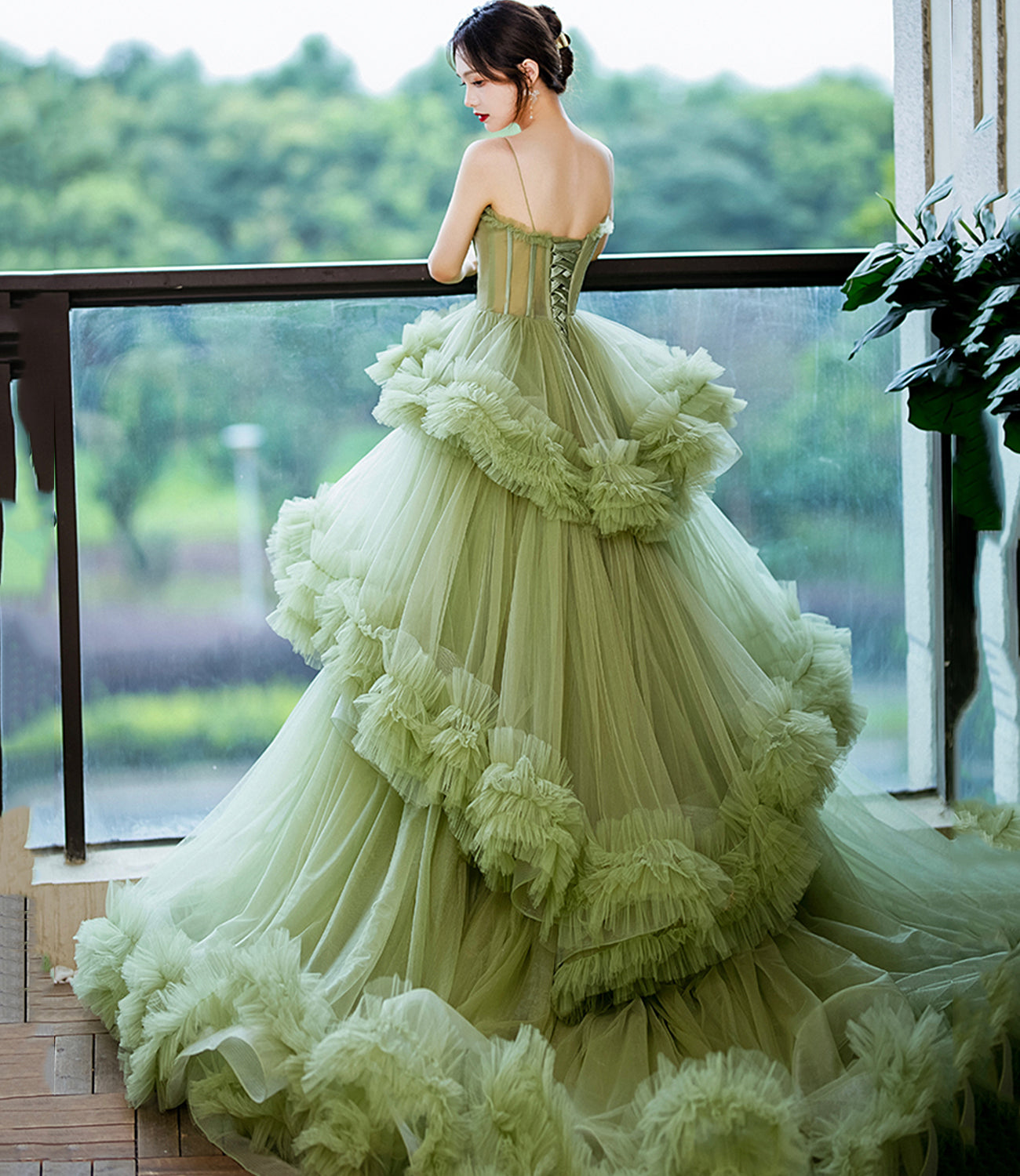 Green tulle long A-Line prom dress green evening dress - FashionDia