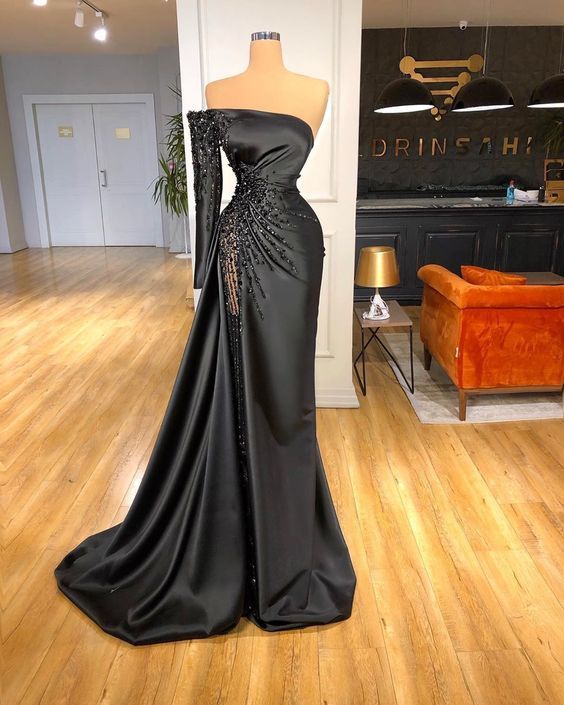 Black Split Side Mermaid Satin Evening Party Prom Dress - FashionDia