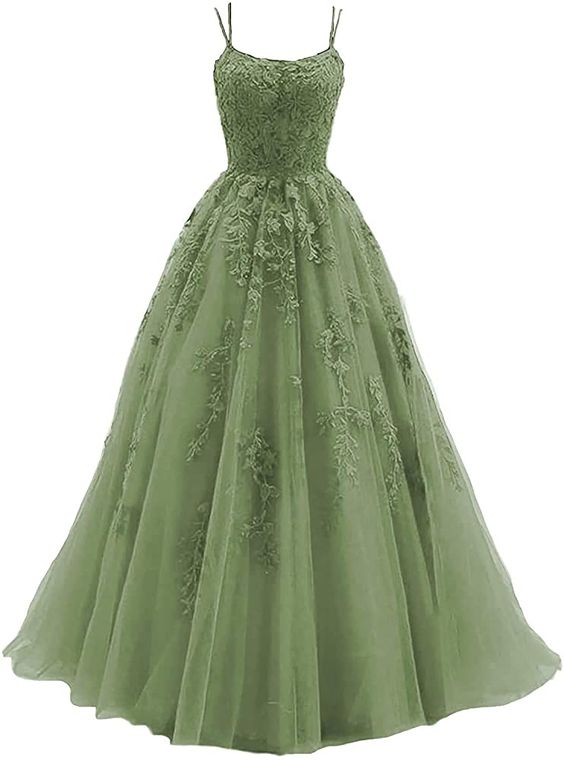 Green Lace Appliques Dresses Long Spaghetti Straps Tulle Long Formal Party Evening Gowns with Train - FashionDia