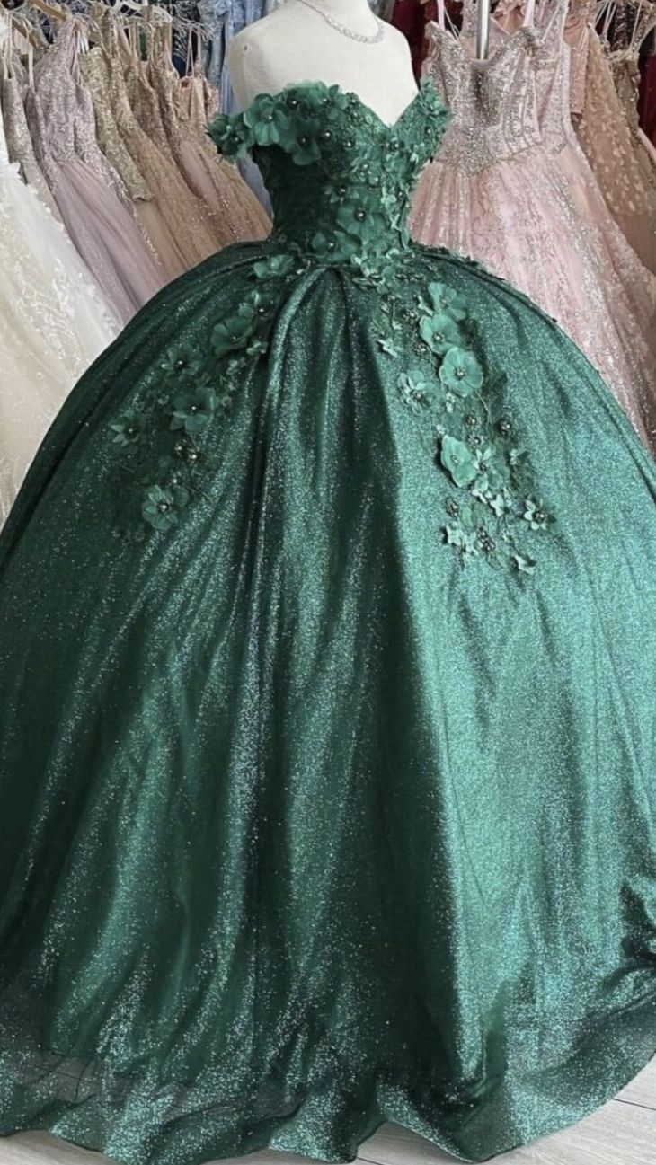 Off-the-Shoulder Green Ball Gown With Flowers Sweet 16 Dress - FashionDia