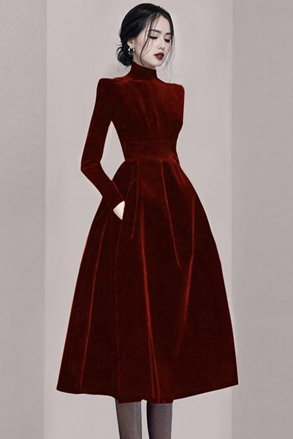 Elegant velvet long sleeve dress fashion dress - FashionDia