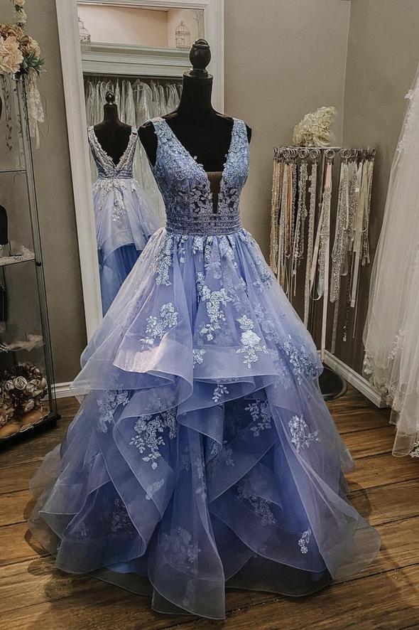 Blue tulle lace long ball gown dress formal dress - VelvetHem