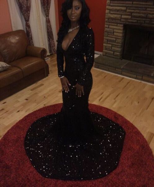 Sparkly Sequins Long Sleeve Deep V-Neck Black Prom Dresses - FashionDia