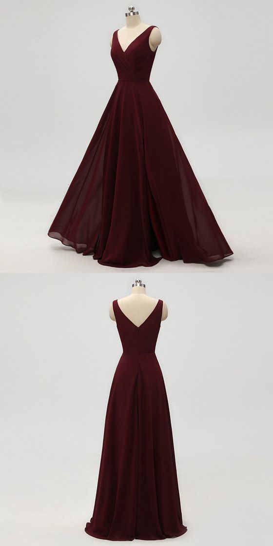 A-Line V-Neck Burgundy Chiffon Prom Dresses With Pleats - FashionDia