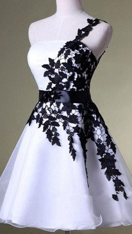 A-Line One-Shoulder White Homecoming Dress with Black Lace, Knee Length Party Dress - FashionDia