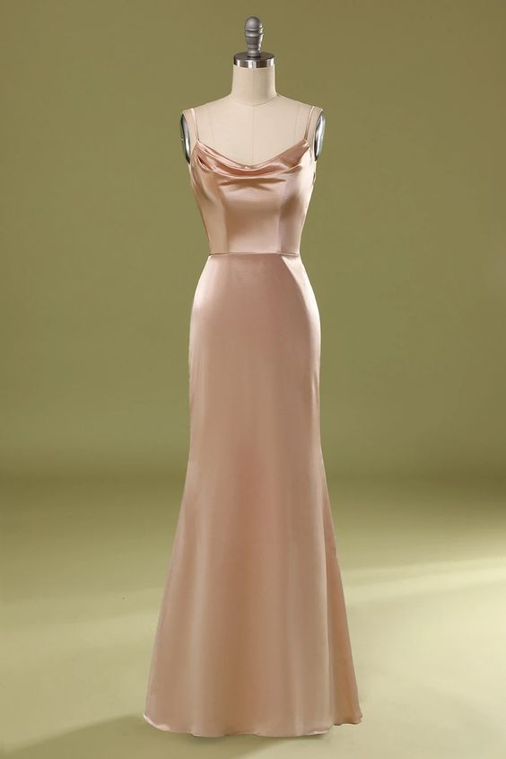 Dusty Pink Satin Spaghetti Straps Prom Dress - FashionDia