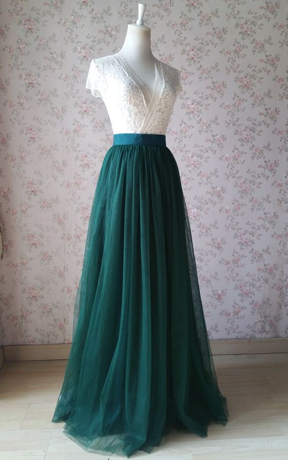 Dark Green Tulle And White Lace Top Prom Dress - FashionDia