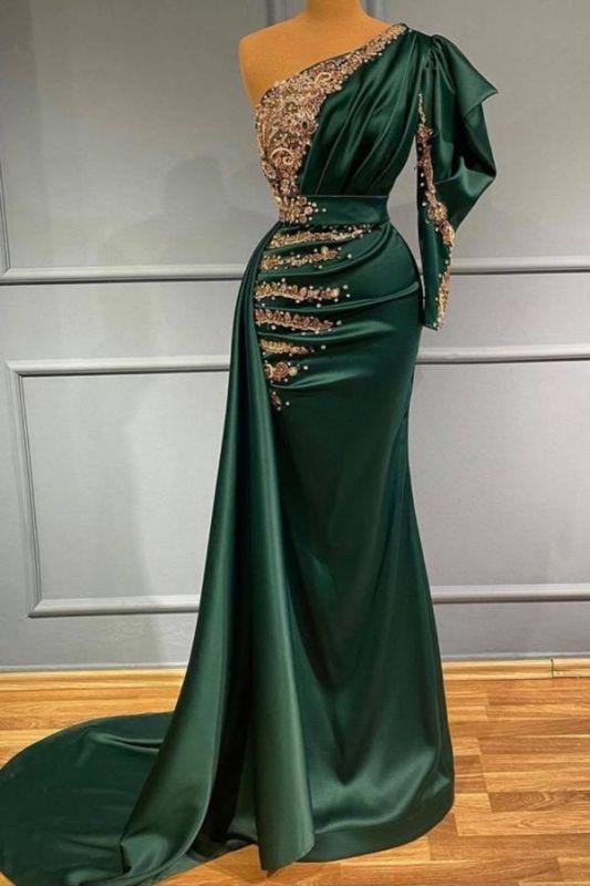 Charming dark green satin mermaid evening dress with gold bow appliqu?s pearls - FashionDia