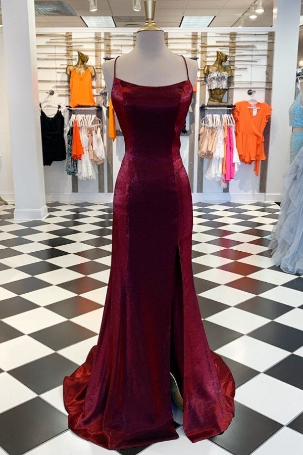 Burgundy Strappy Mermaid High Side Slit Dress - FashionDia