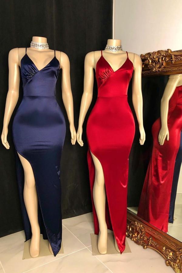 Classic V-Neck Spaghetti Front Slit Satin Mermaid Prom Dresses - FashionDia