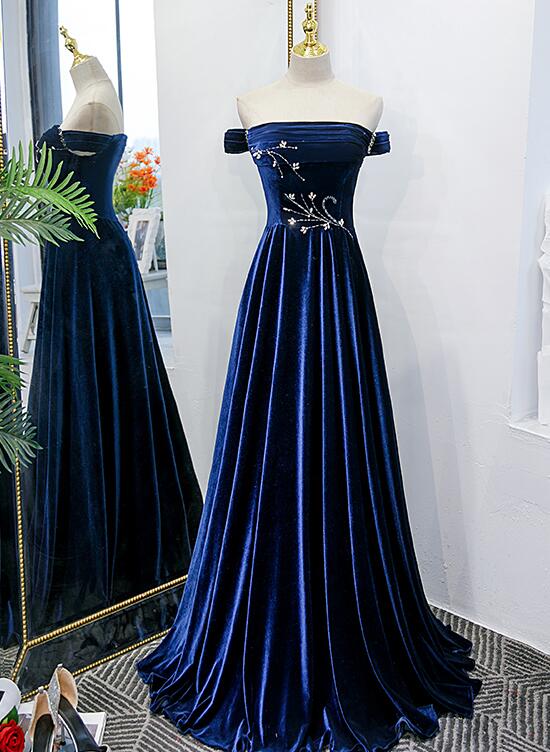 Blue Velvet Beaded Elegant Off-the-Shoulder Evening Dress, Blue Long Prom Dress Party Dress - FashionDia