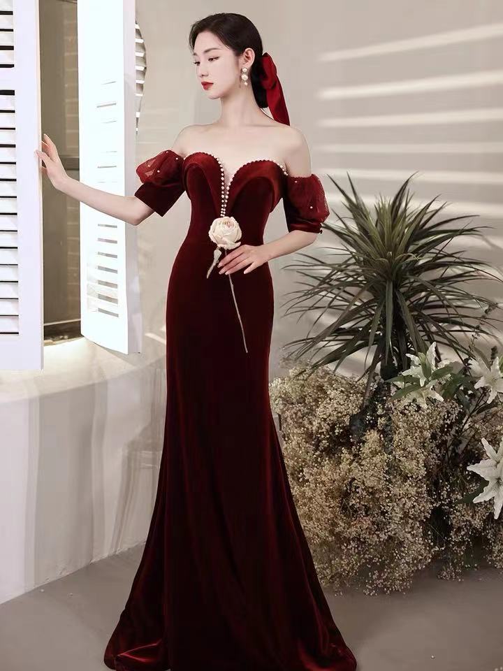 Burgundy party dress,Off-the-Shoulder evening dress,velvet mermaid long prom dress,backless sexy formal dress,custom made - FashionDia