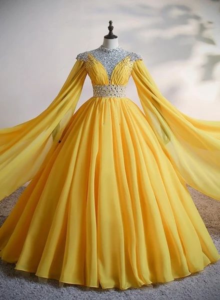Yellow Chiffon Long Beaded Ball Gown Formal Dress, Yellow Formal Dress, Prom Dress - FashionDia
