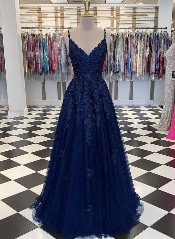 Navy Blue Lace Prom Dress A-Line Tulle Ball Gown Evening Dresses - VelvetHem