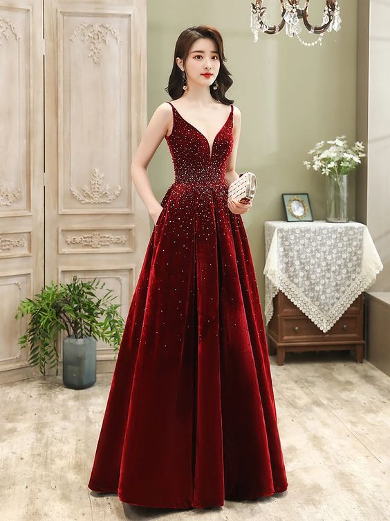 Wine Red Velvet Straps Long Evening Dress, Floor-Length New Style Prom Dress, Paty Dress - FashionDia