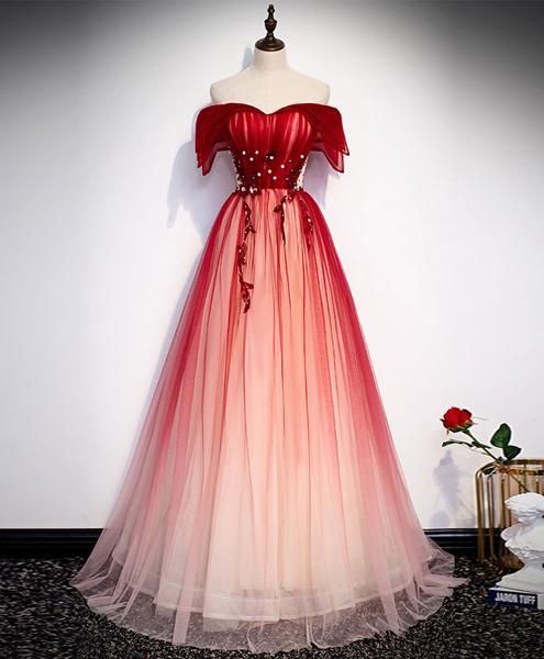 Burgundy off shoulder tulle long prom dress burgundy formal dress