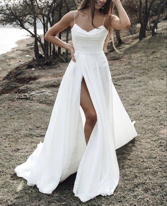 Simple beach chiffon prom dress leg split - FashionDia