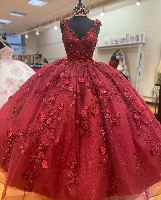 Princess Ball Gown Quinceanera Dresses,Lace Beaded V Neck Prom Dress , Sweet 16 Dress - VelvetHem