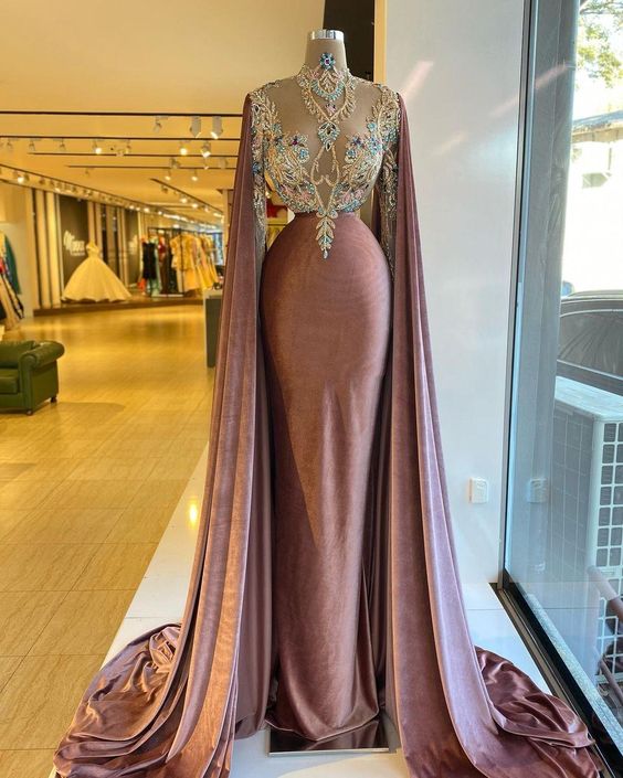 Velvet prom dresses, long sleeve prom dresses, mermaid evening dresses, beaded prom dresses, custom make prom dresses, sexy party dresses - FashionDia