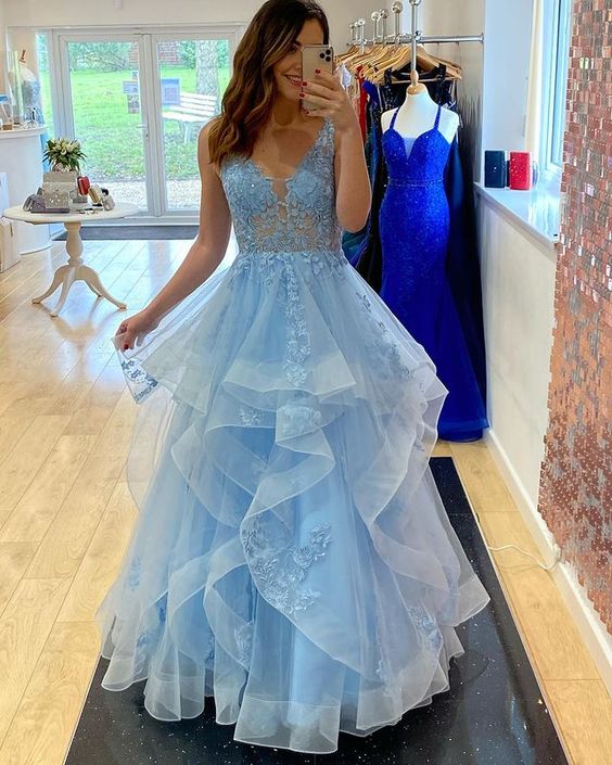 Princess A-Line V-Neck Blue Tulle Long Prom Dresses with Appliques - FashionDia