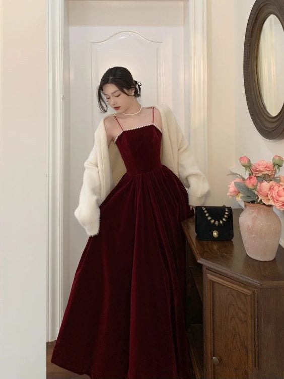 Spaghetti Straps Burgundy Velvet Prom Dress Simple Prom Dress Party Dress - FashionDia