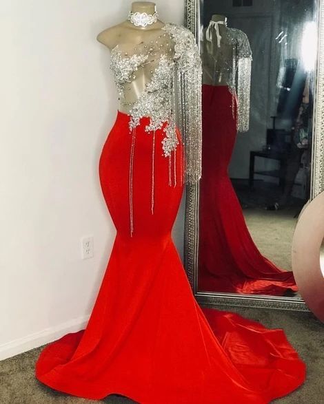 Tassel Prom Dresses, One-Shoulder Prom Dresses, Mermaid Prom Dresses, Red Prom Dress - FashionDia