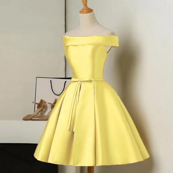 Lovely Yellow Satin Off-the-Shoulder Short Party Dress, Yellow Homecoming Dress - FashionDia