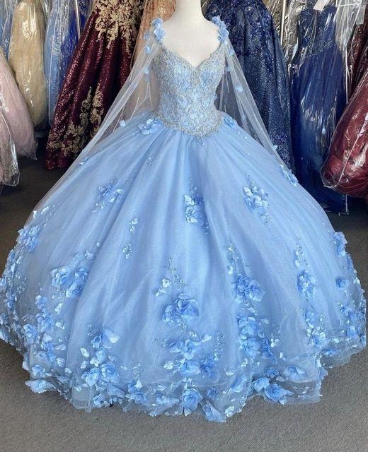 Blue flowers tulle ball gown, chic prom dress - FashionDia