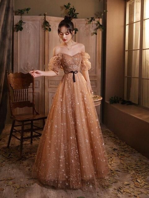 Elegant Champagne Evening Dresses Female Lanturn Sleeves Bow Lace Up Long French Style Ball Gowns - FashionDia