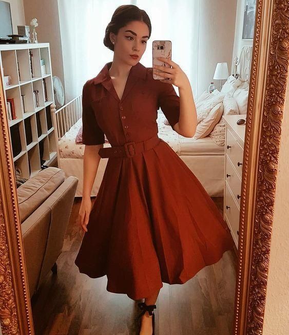 Dark Red Vintage Tea-Length Prom Dress - FashionDia