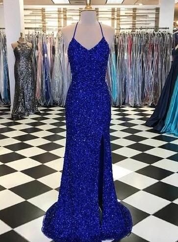 Chic Royal Blue Spaghetti Straps Backless Long Sheath Prom Dresses - FashionDia