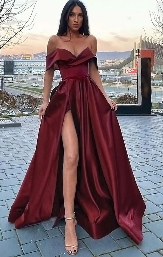 Elegant A-Line Satin Off-the-Shoulder Royal Blue Long Women Formal Prom Dresses Party Gown with Slit - FashionDia