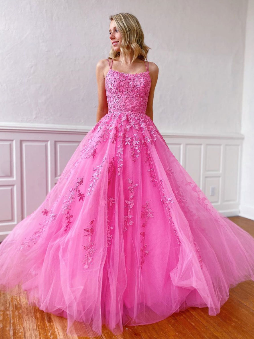 Hot Pink Tulle Lace Long Prom Dress Hot pink Tulle Lace Formal Dress - FashionDia