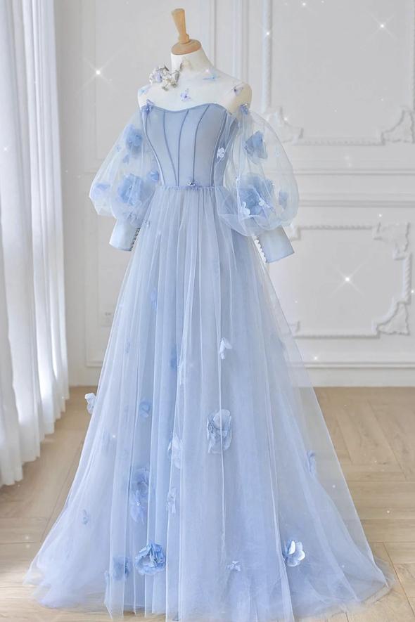 Blue tulle long sleeve prom dress blue evening dress - FashionDia