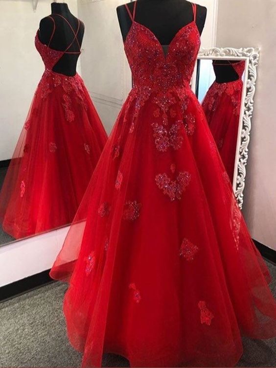 V Neck Backless Red Lace Prom Dresses, Red Open Back Lace Formal Evening Dresses - VelvetHem