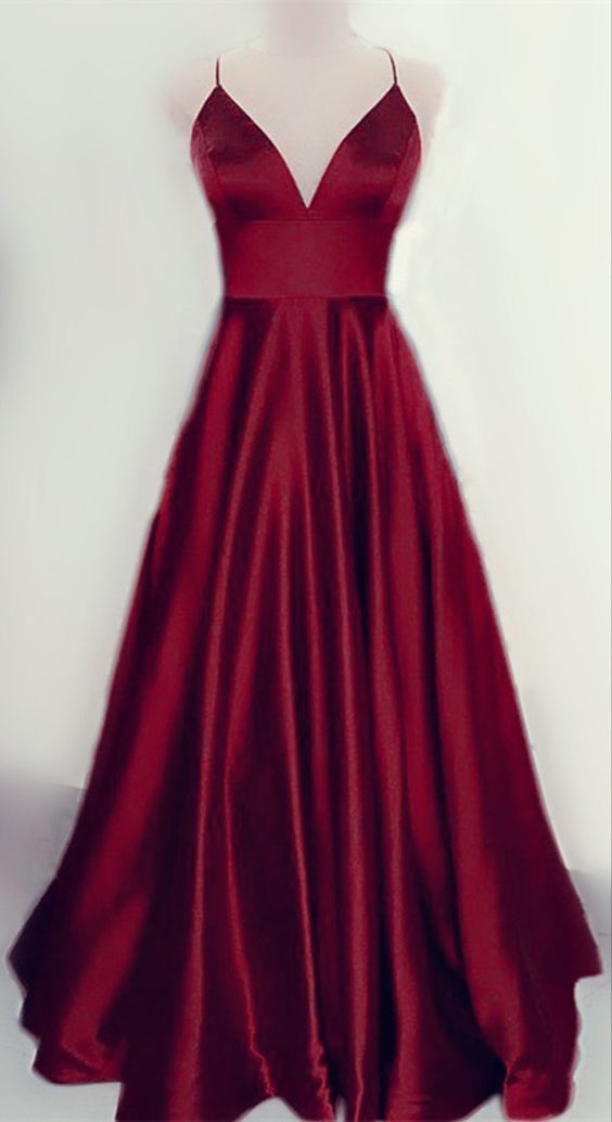 Burgundy spaghetti strapssimple prom dress - FashionDia