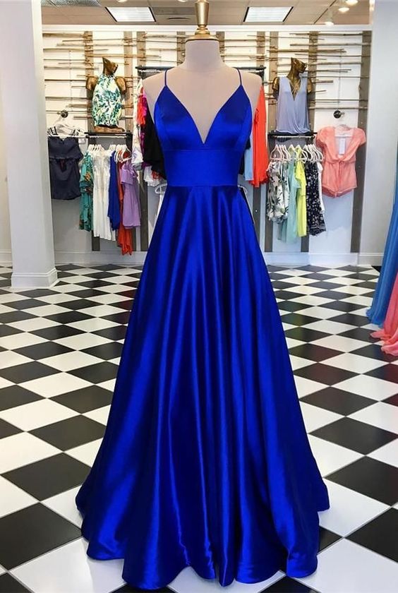 A-Line V-Neck Royal Blue Prom Dress, Long Satin Evening Party Dress - FashionDia